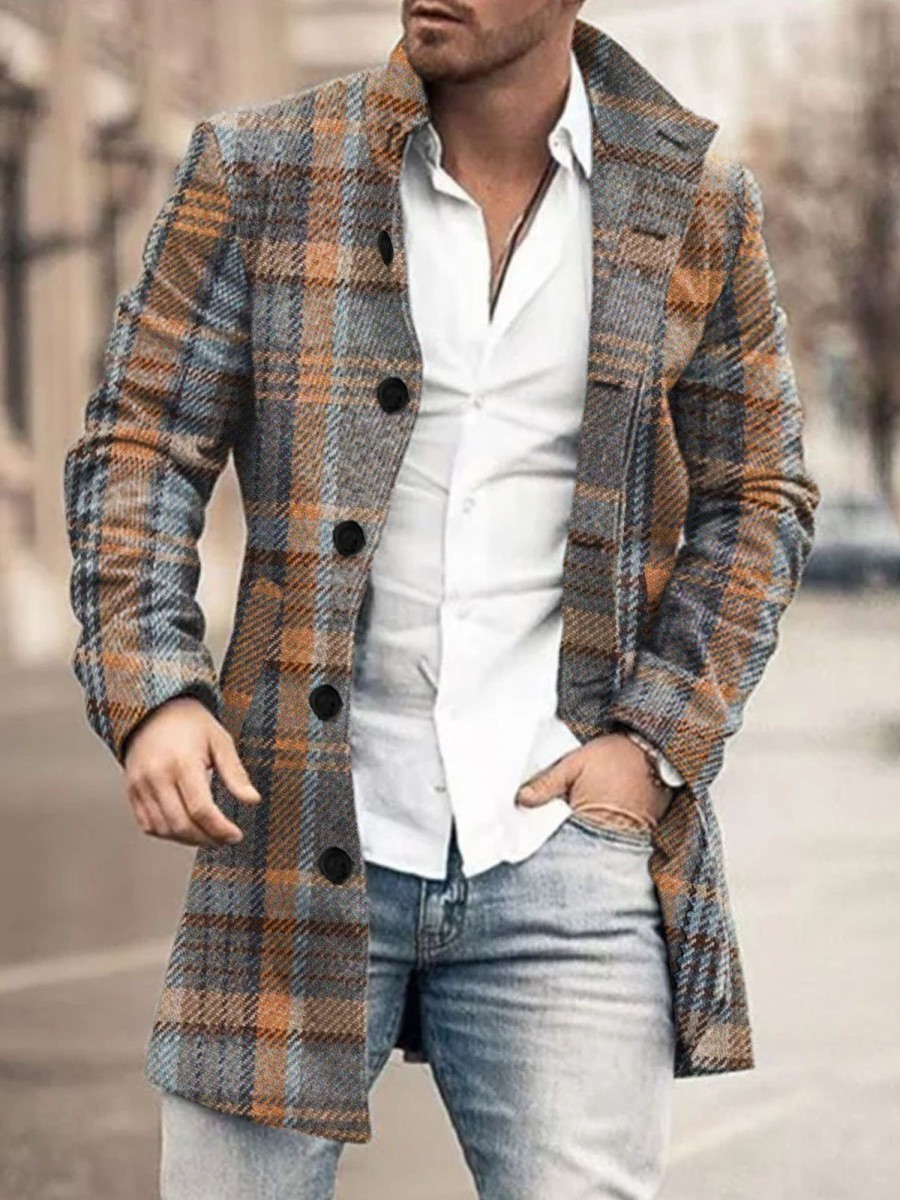 Men DJ Print Jacket | Vintage Plaid Print Double Pocket Stand Collar Casual Jacket Photo Color