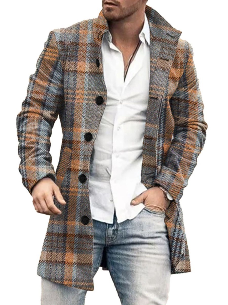 Men DJ Print Jacket | Vintage Plaid Print Double Pocket Stand Collar Casual Jacket Photo Color