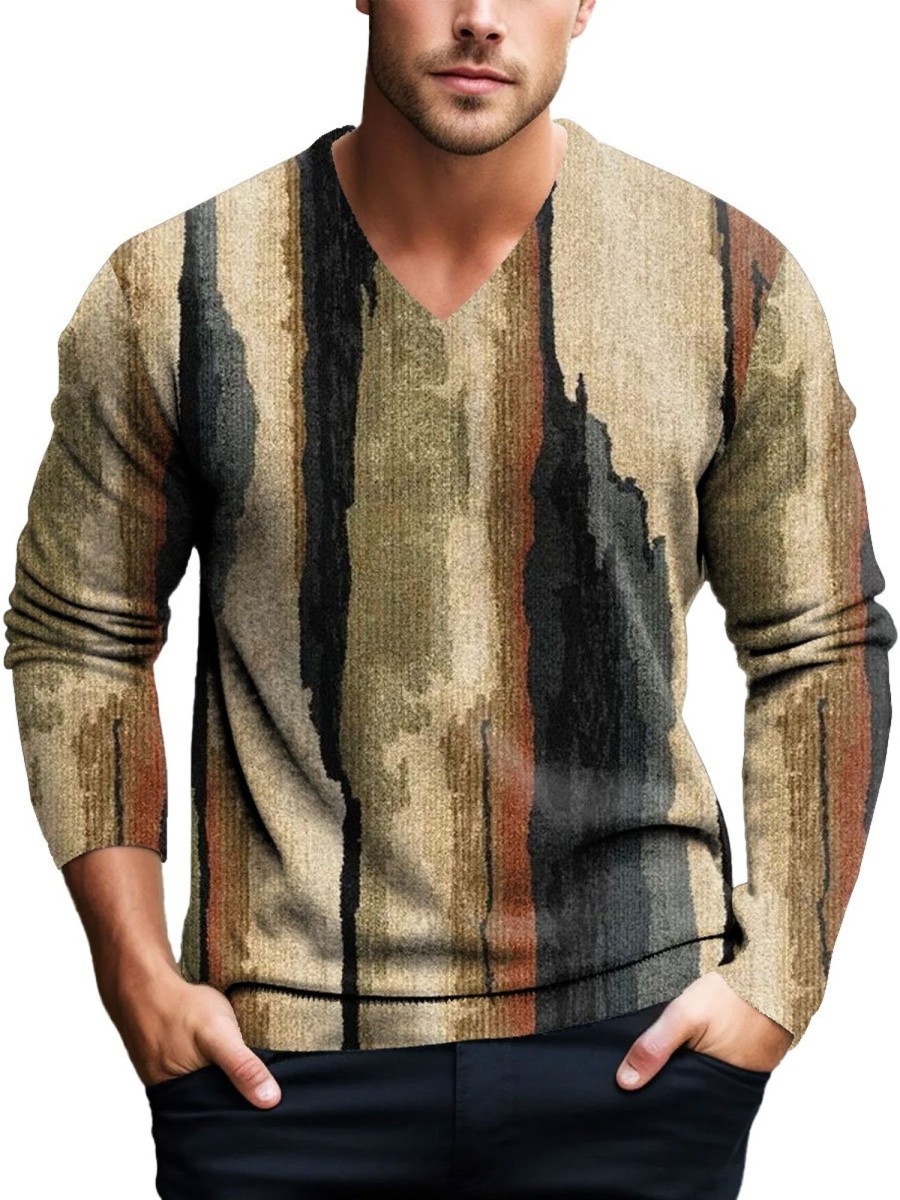 Men BXL Print Sweater | Men'S V-Neck Casual Gradient Color Block Knitted Pullover Sweater Khaki