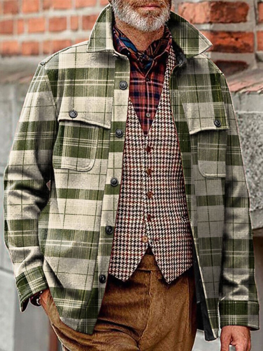 Men BXL Jacket | Men'S Casual Retro Plaid Printed Single-Breasted Jacket 39683165Xl Green