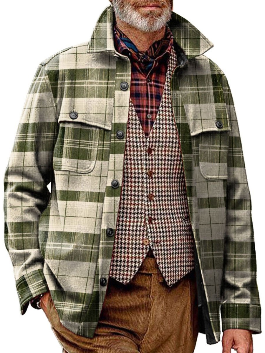 Men BXL Jacket | Men'S Casual Retro Plaid Printed Single-Breasted Jacket 39683165Xl Green