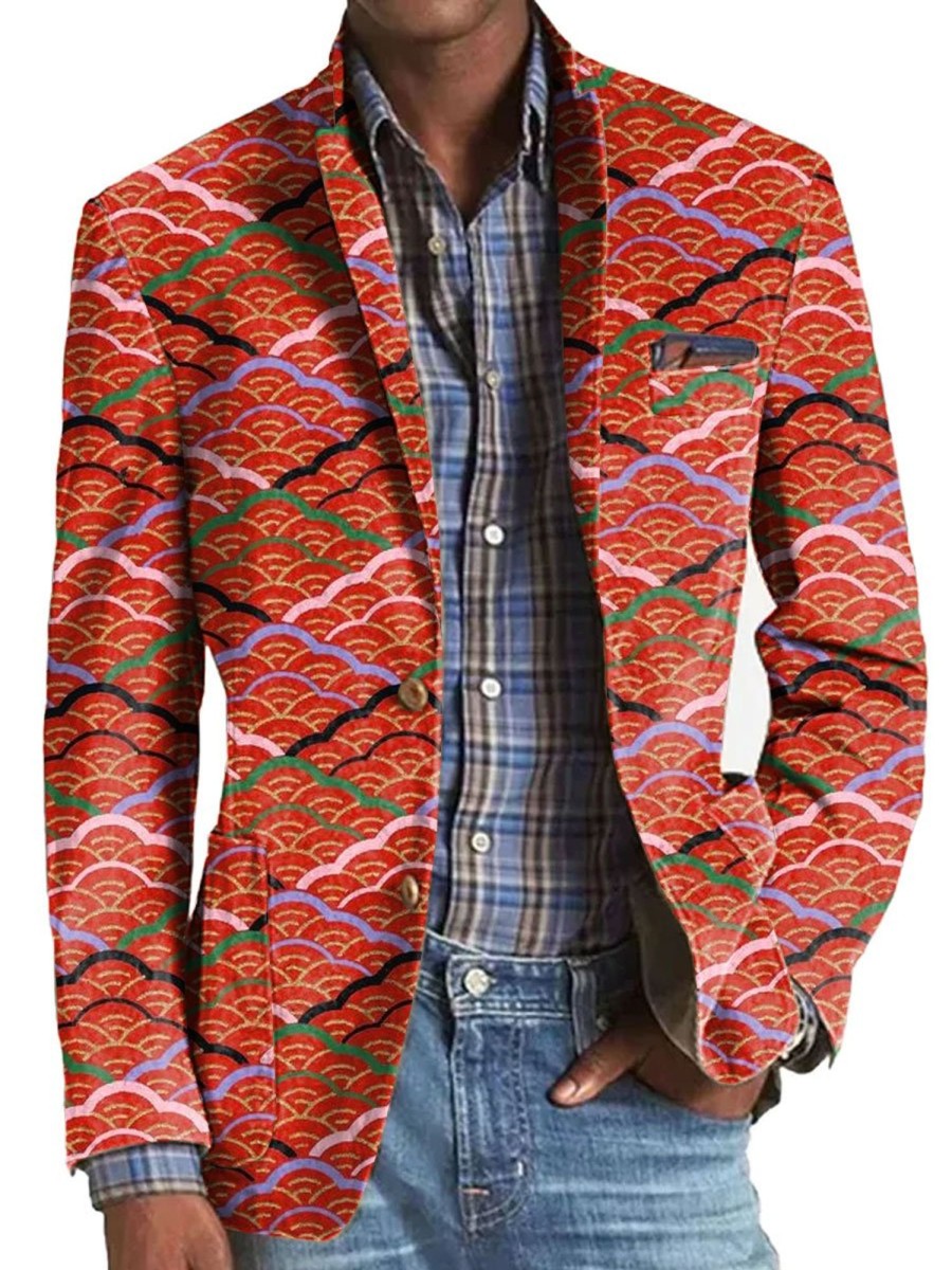 Men DJ Print Jacket | Vintage Japanese Ukiyo-E Cloud Print Printed Lapel Three-Pocket Casual Blazer Red