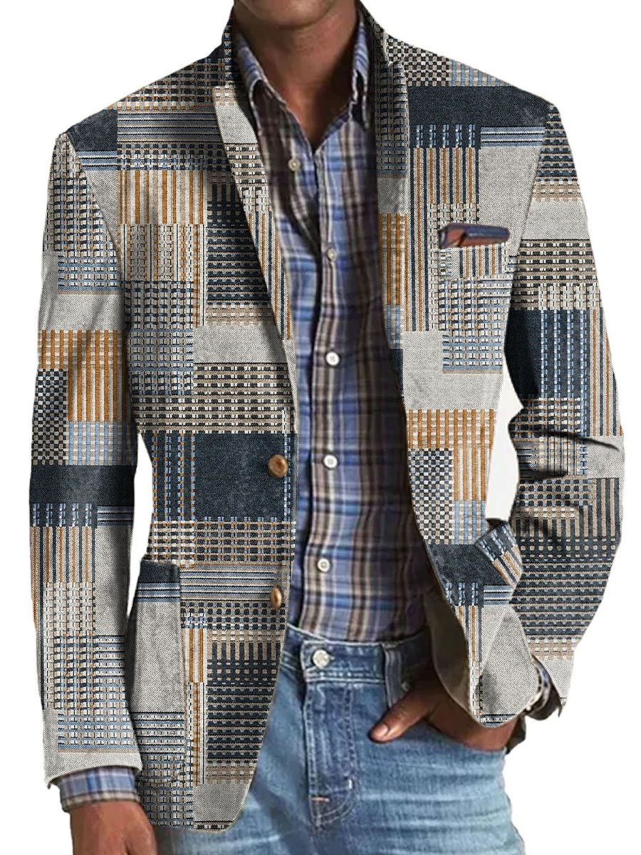 Men BXL Print Jacket | Men'S Retro Geometric Print Lapel Casual Blazer Photo Color