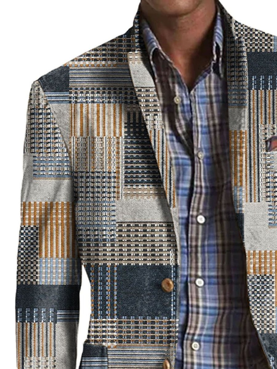 Men BXL Print Jacket | Men'S Retro Geometric Print Lapel Casual Blazer Photo Color