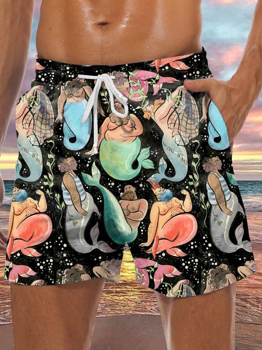 Men HLJ Bottoms | Bearded Mermaid Art Board Shorts Black