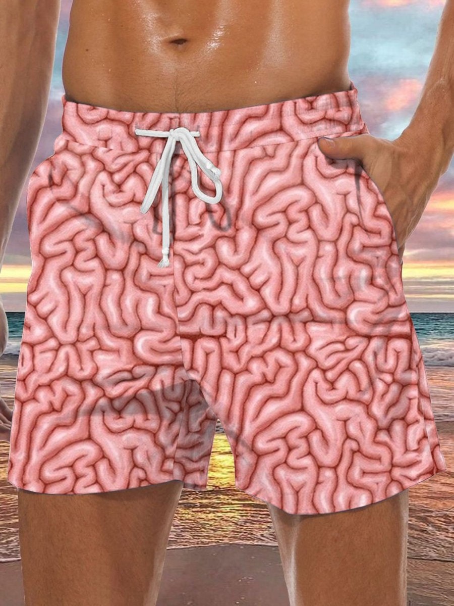 Men DJ Bottoms | Brain Print Pocket Casual Shorts Pink