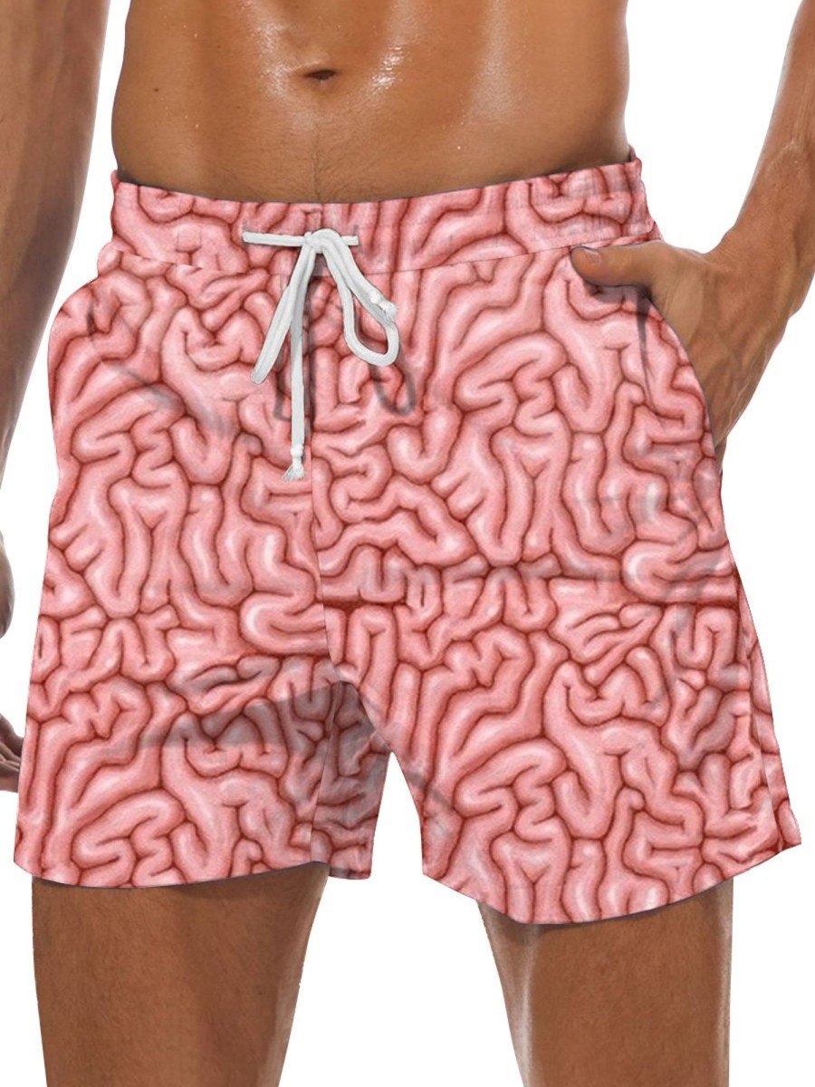 Men DJ Bottoms | Brain Print Pocket Casual Shorts Pink