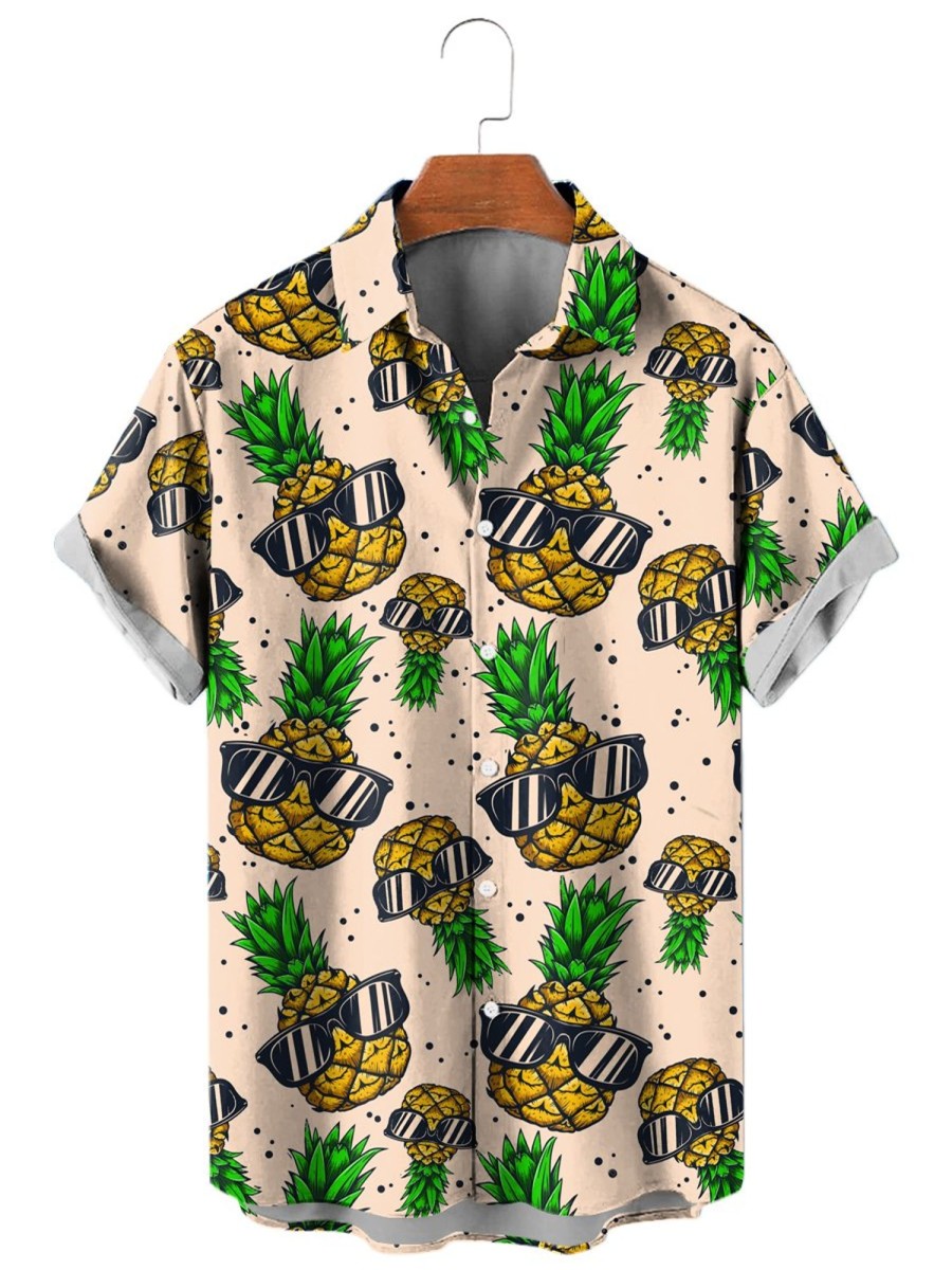 Men HLJ Shirts | Hawaiian Pineapple Print Short Sleeve Shirt Apricot