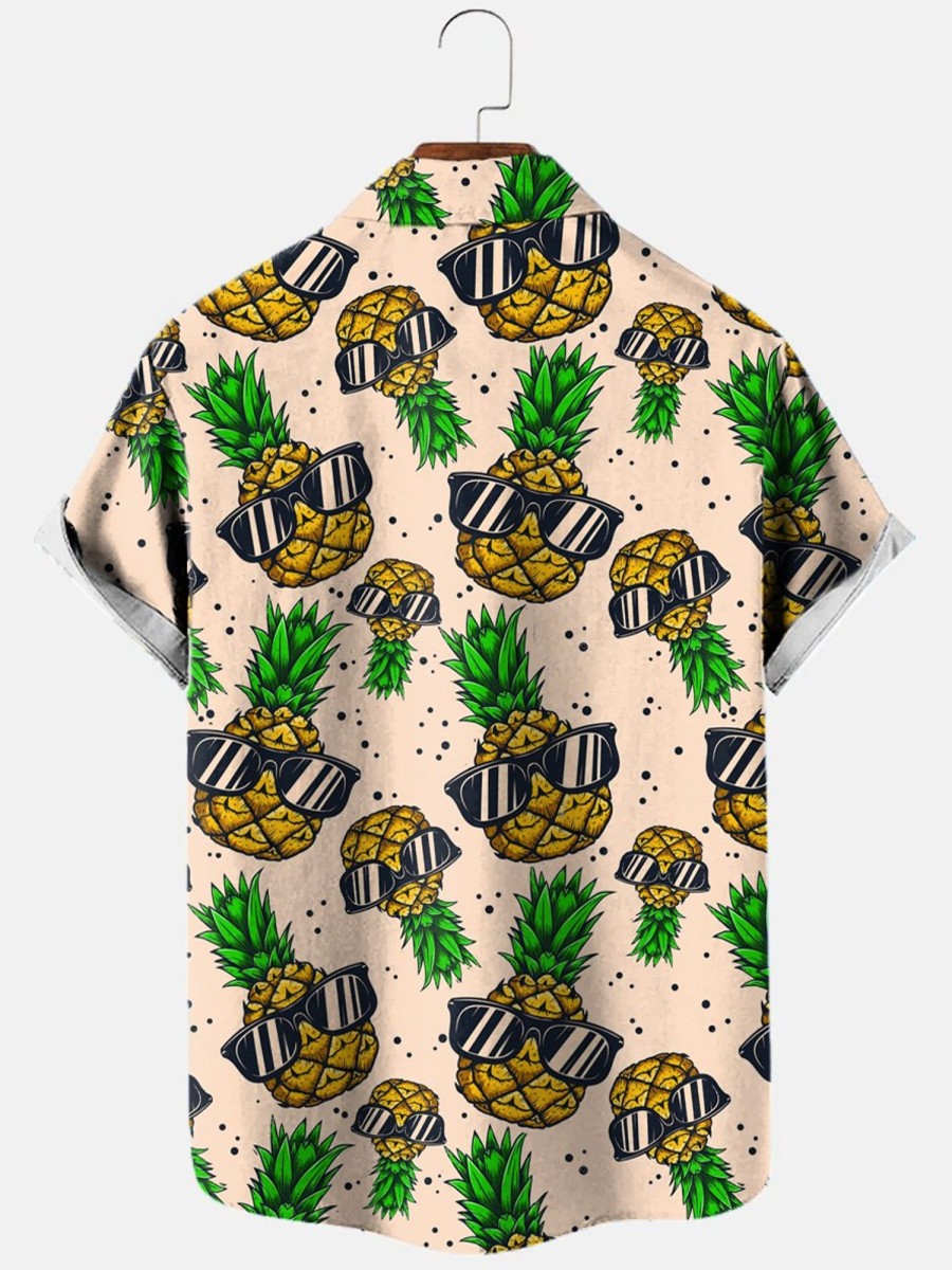 Men HLJ Shirts | Hawaiian Pineapple Print Short Sleeve Shirt Apricot