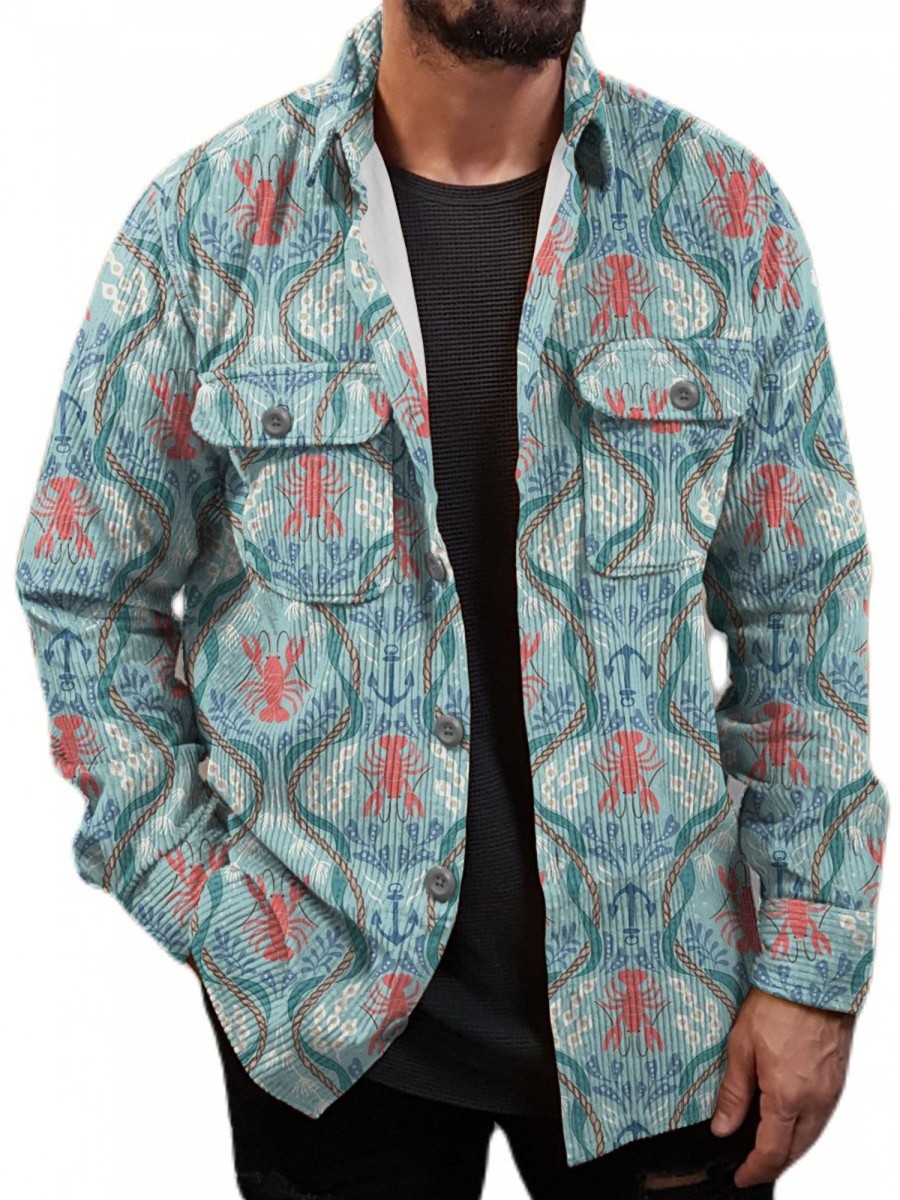 Men DJ Jacket | Vintage Ocean Shrimp Print Pocket Corduroy Jacket Photo Color