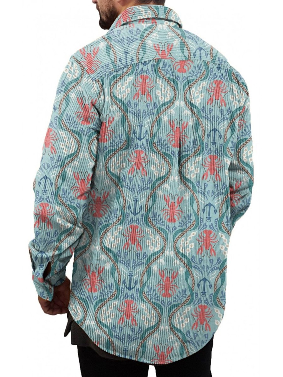 Men DJ Jacket | Vintage Ocean Shrimp Print Pocket Corduroy Jacket Photo Color