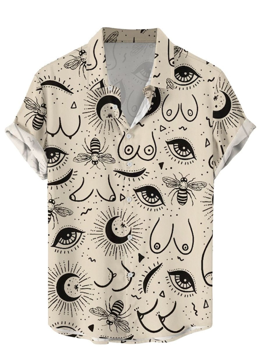 Men DJ Shirts | Boobies Bee Printed Casual Short-Sleeve Shirt Khaki