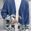 Men BXL Print Cardigan | Men'S Casual Retro Wave Pattern Button Knitted Cardigan Blue