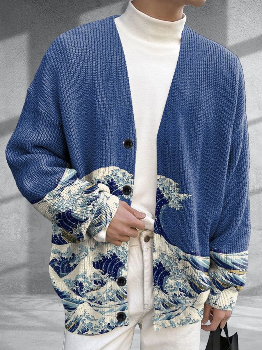 Men BXL Print Cardigan | Men'S Casual Retro Wave Pattern Button Knitted Cardigan Blue