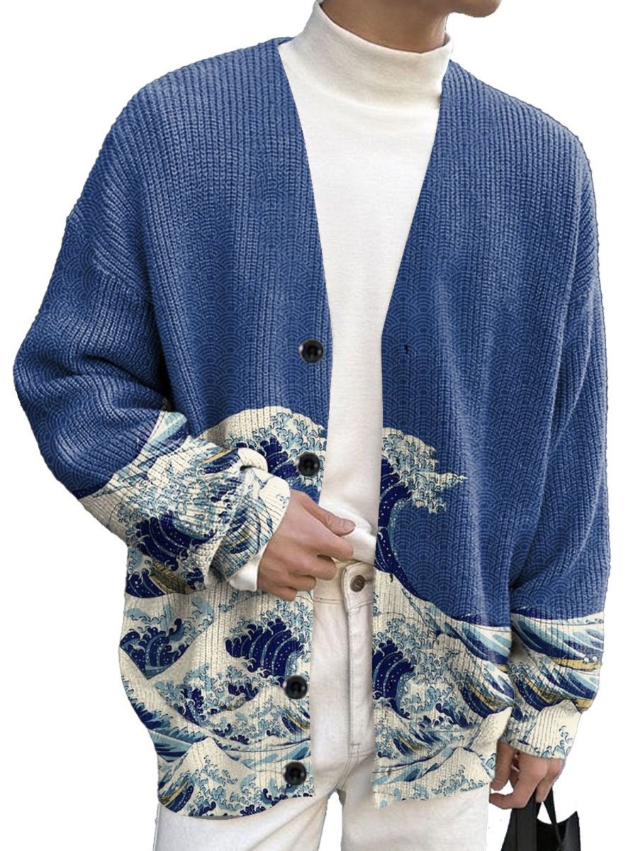 Men BXL Print Cardigan | Men'S Casual Retro Wave Pattern Button Knitted Cardigan Blue