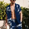 Men HLJ Set | Plum Blossom Print Casual Vacation Set Dark Blue