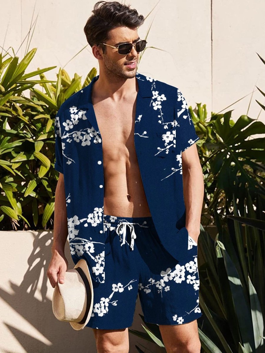 Men HLJ Set | Plum Blossom Print Casual Vacation Set Dark Blue