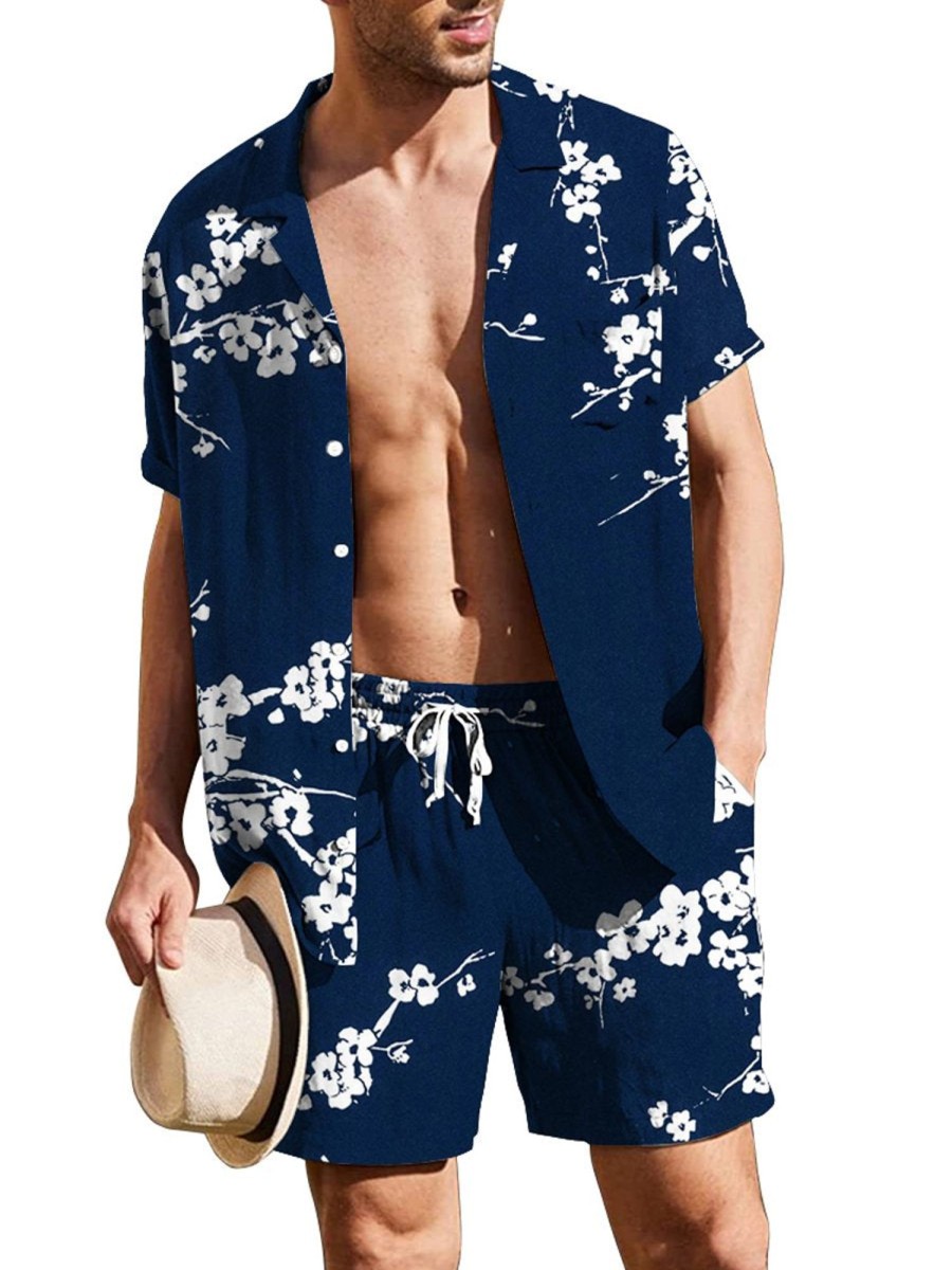 Men HLJ Set | Plum Blossom Print Casual Vacation Set Dark Blue