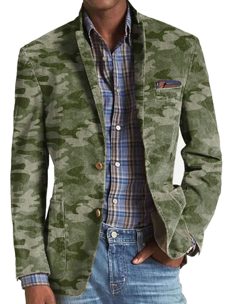 Men BXL Print Jacket | Men'S Camo Print Casual Pocket Blazer Army Green