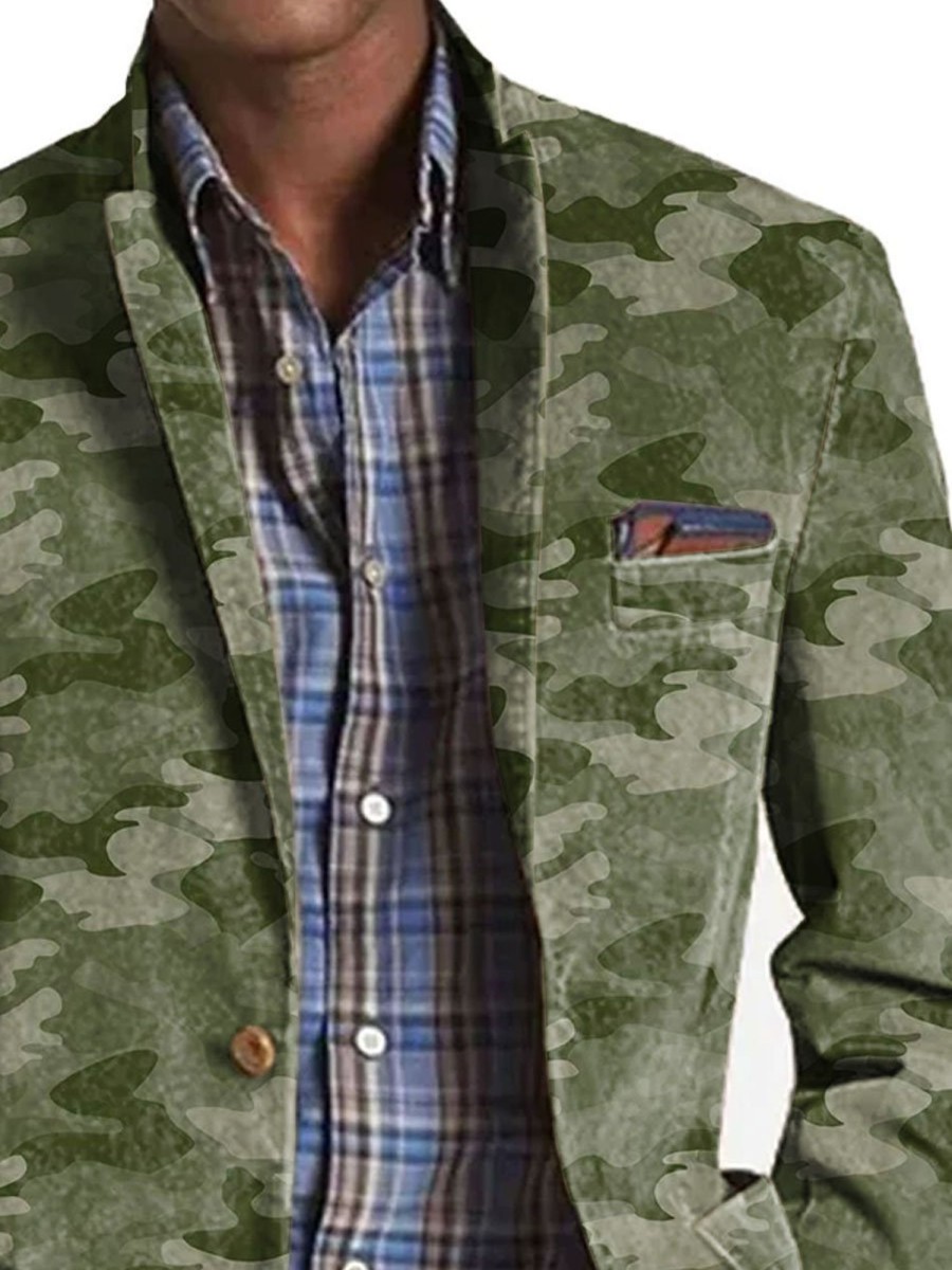 Men BXL Print Jacket | Men'S Camo Print Casual Pocket Blazer Army Green