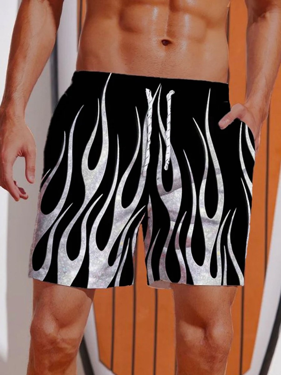 Men HLJ Bottoms | Silver Burning Flame Hawaiian Shorts Black