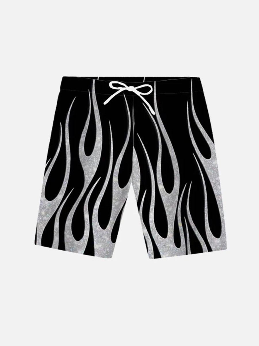 Men HLJ Bottoms | Silver Burning Flame Hawaiian Shorts Black