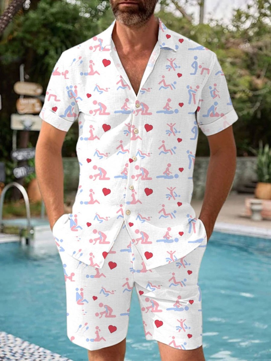 Men BXL Set | Fun Valentine'S Day Printed Holiday Short Sleeve Shirt And Shorts Set White