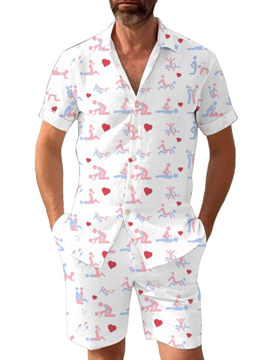 Men BXL Set | Fun Valentine'S Day Printed Holiday Short Sleeve Shirt And Shorts Set White