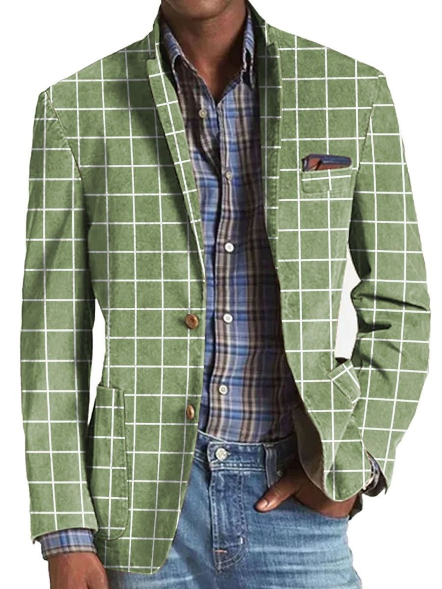 Men BXL Print Jacket | Men'S Plaid Print Pocket Casual Blazer Green