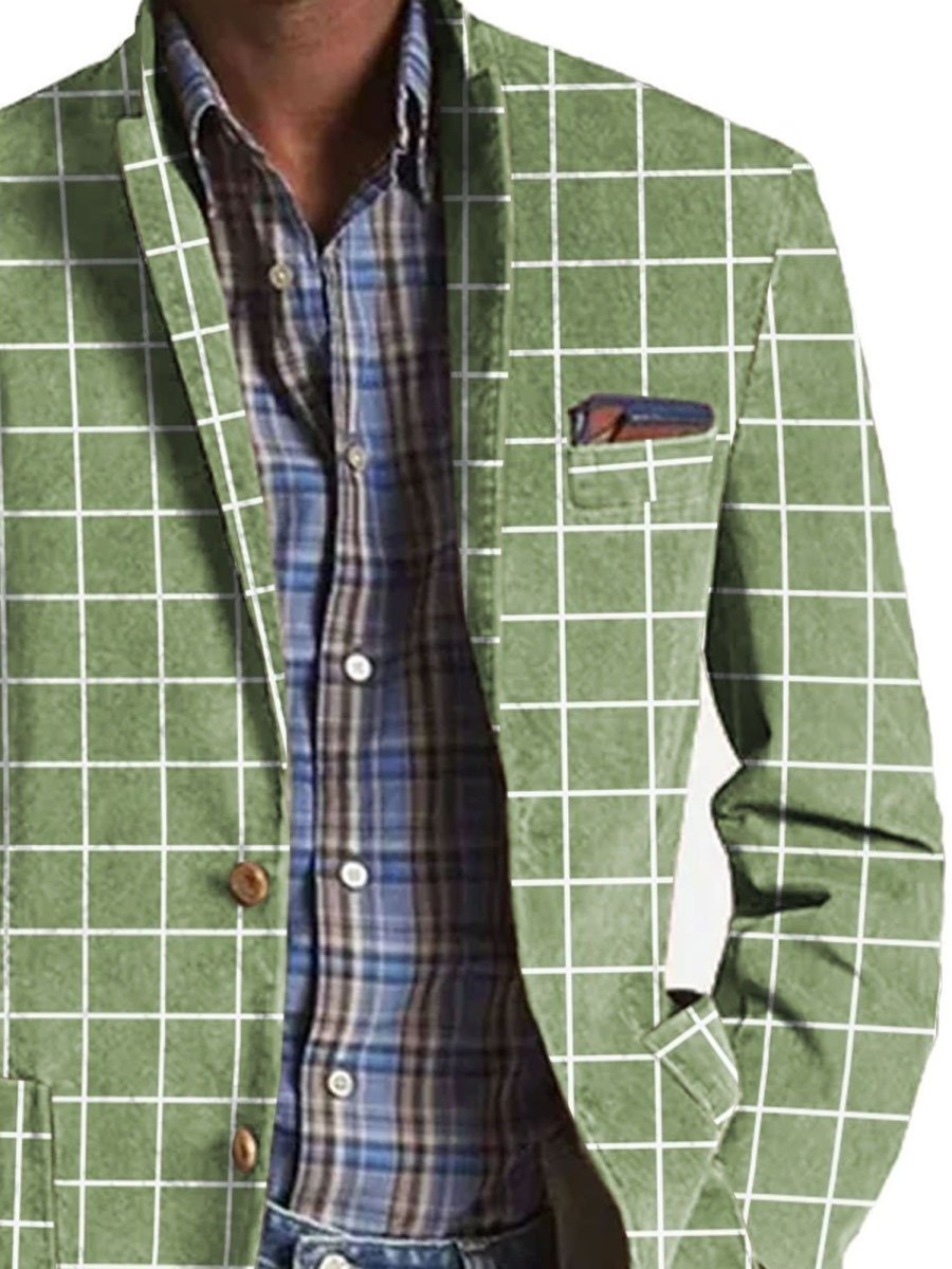 Men BXL Print Jacket | Men'S Plaid Print Pocket Casual Blazer Green