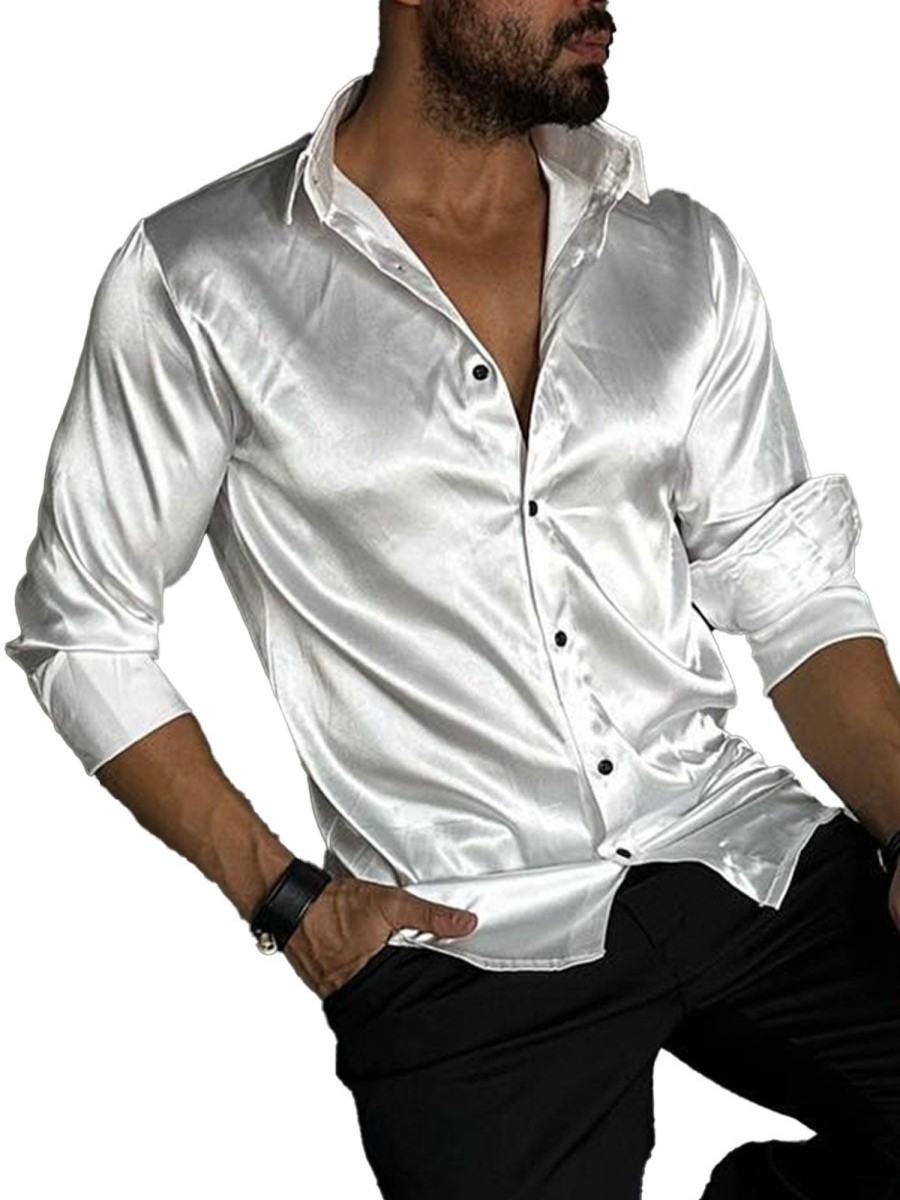 Men TH Casual Shirts | Men'S Glossy Casual Long Sleeve Shirt White