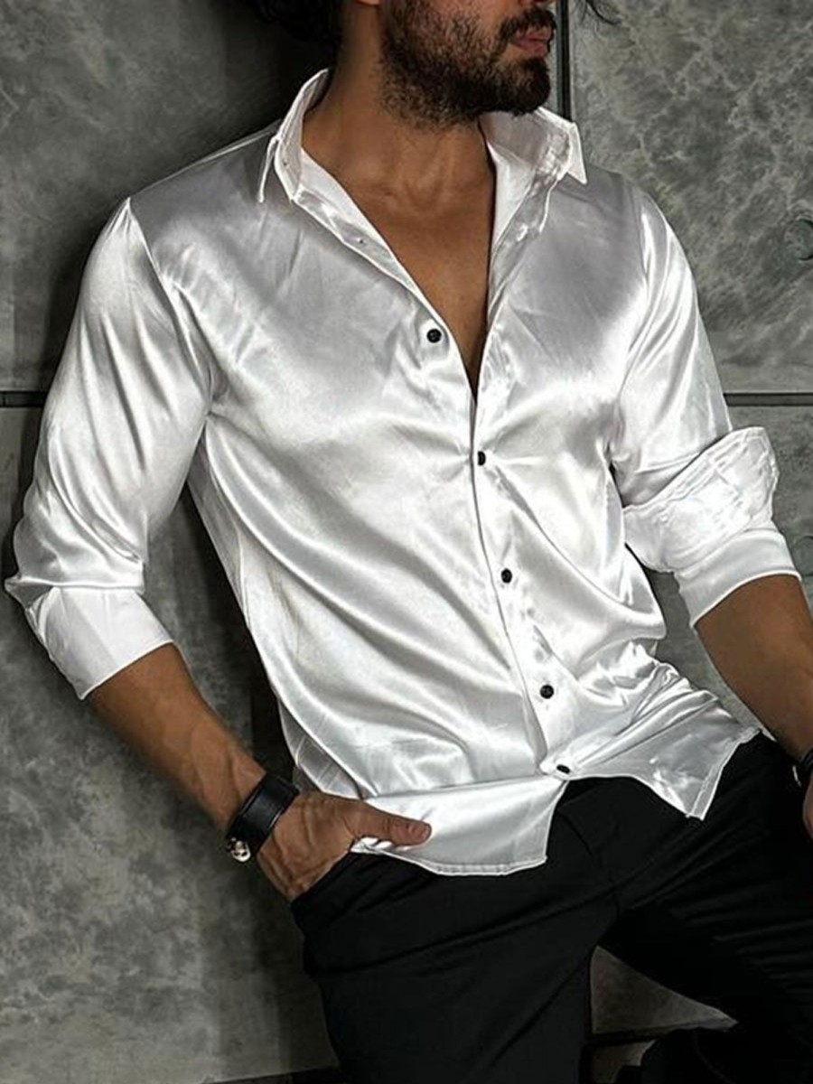 Men TH Casual Shirts | Men'S Glossy Casual Long Sleeve Shirt White