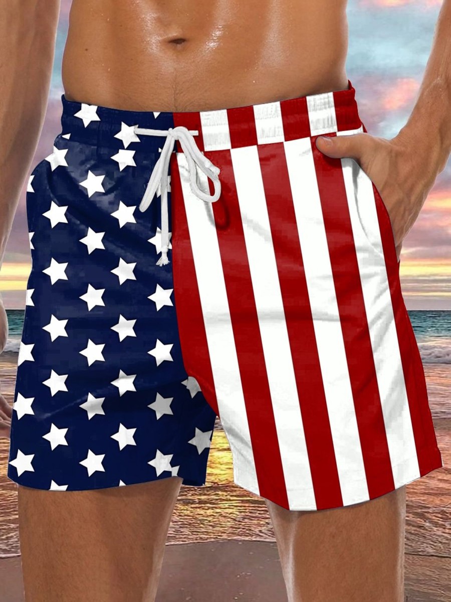 Men DJ Shorts | Independence Day Print Two Pocket Lace Up Shorts Photo Color