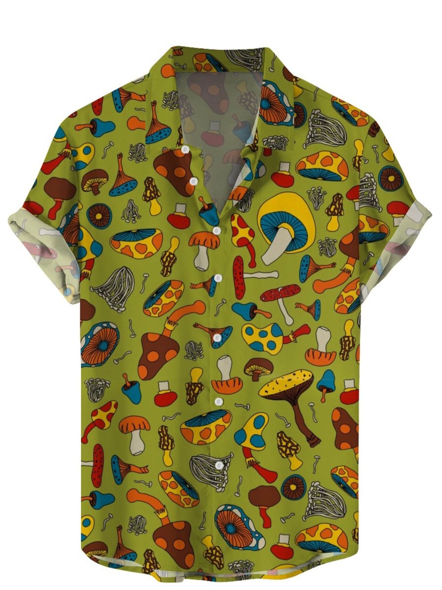 Men HLJ Shirts | Vintage Mushroom Print Hawaiian Short Sleeve Shirt Green