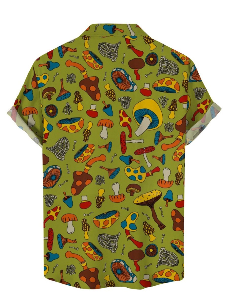 Men HLJ Shirts | Vintage Mushroom Print Hawaiian Short Sleeve Shirt Green