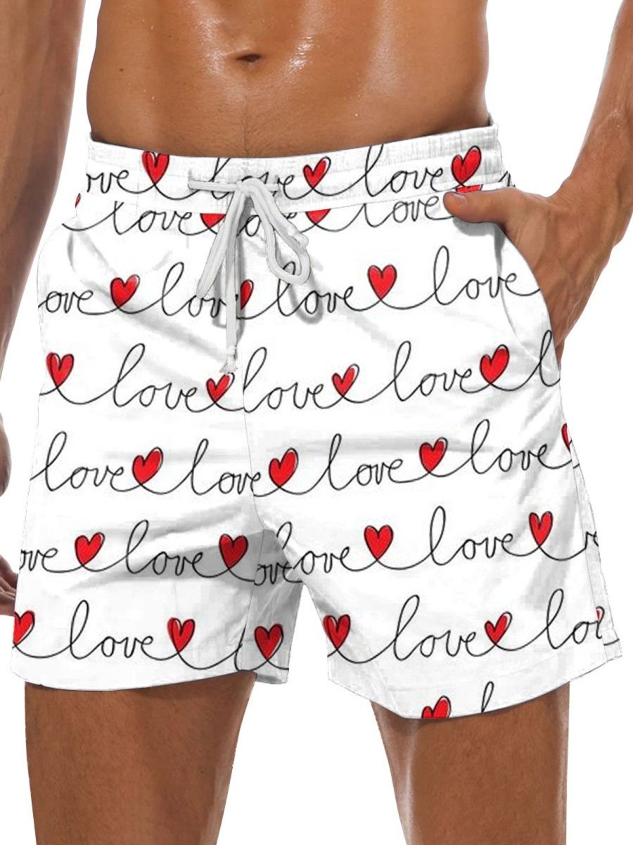 Men BXL Bottoms | Valentine'S Day Love Print Printed Casual Shorts White