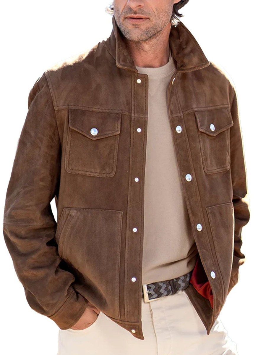 Men DJ Jacket | Lapel Suede Multi-Pocket Casual Jacket Brown