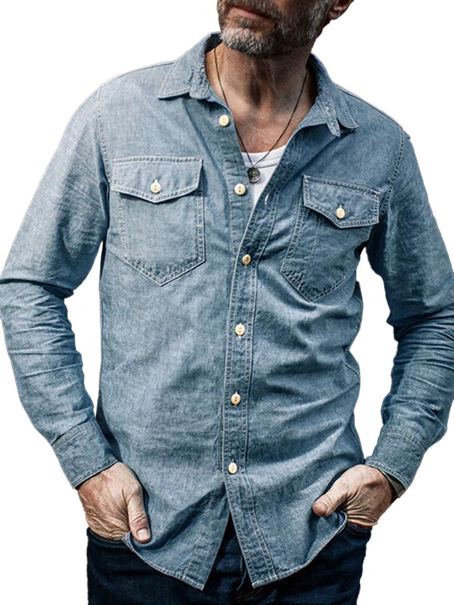 Men BXL Casual Shirts | Men'S Vintage Denim Pocket Casual Long Sleeve Shirt Blue