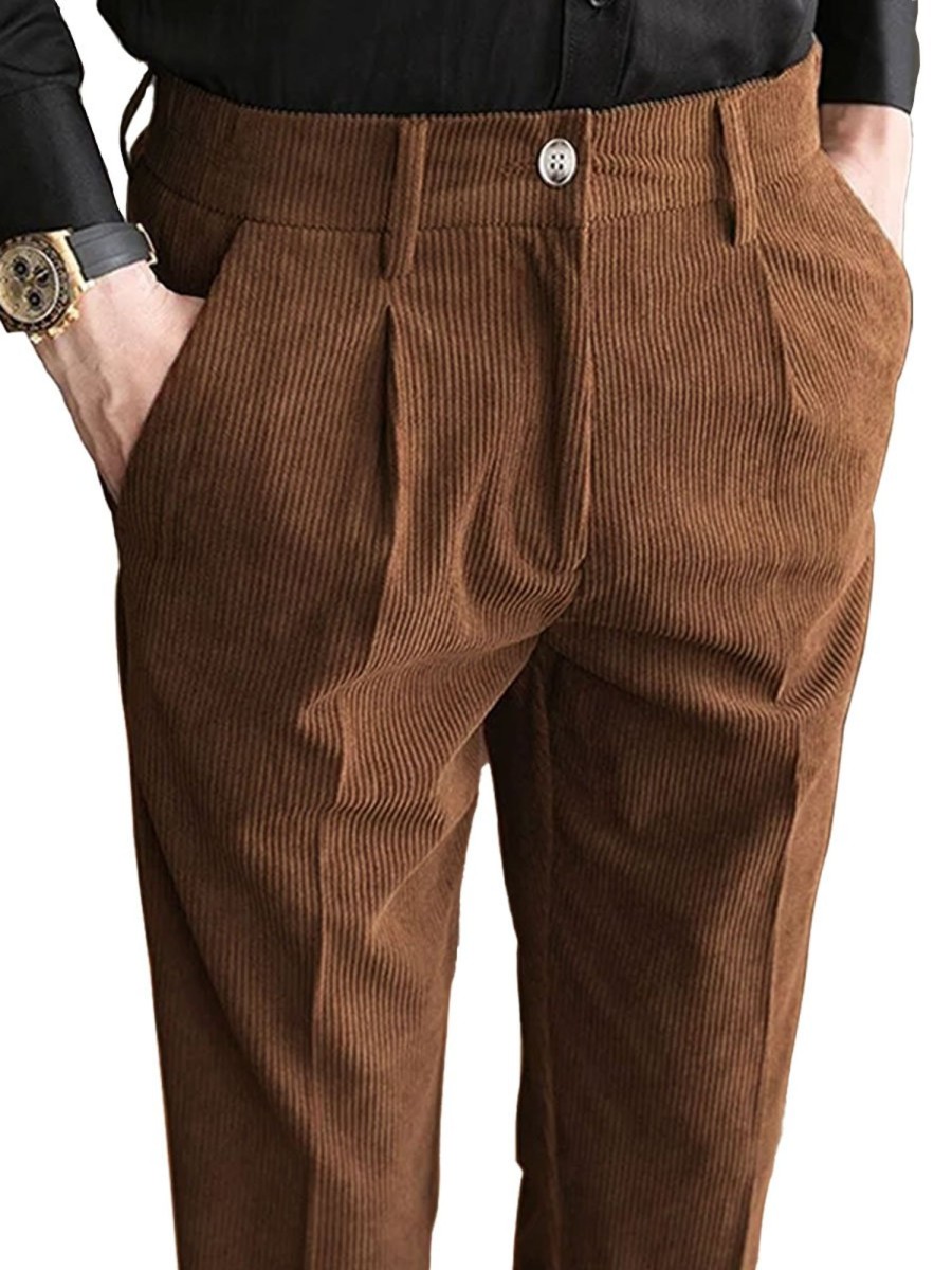 Men BXL Bottoms | Men'S Vintage Solid Color Corduroy Elastic Waist Straight Pants Brown