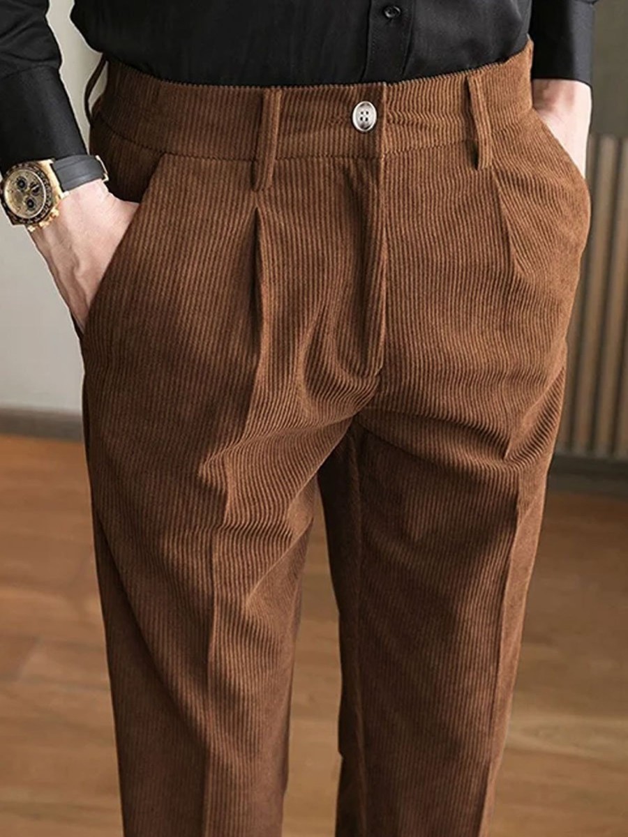 Men BXL Bottoms | Men'S Vintage Solid Color Corduroy Elastic Waist Straight Pants Brown