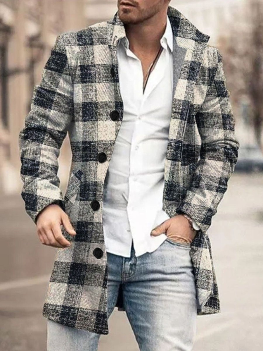 Men DJ Jacket | Classic Retro Plaid Print Pocket Single-Breasted Stand-Collar Jacket Photo Color