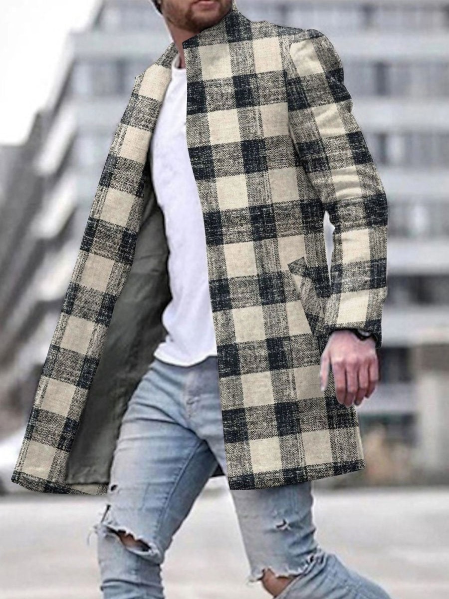 Men DJ Jacket | Classic Retro Plaid Print Pocket Single-Breasted Stand-Collar Jacket Photo Color