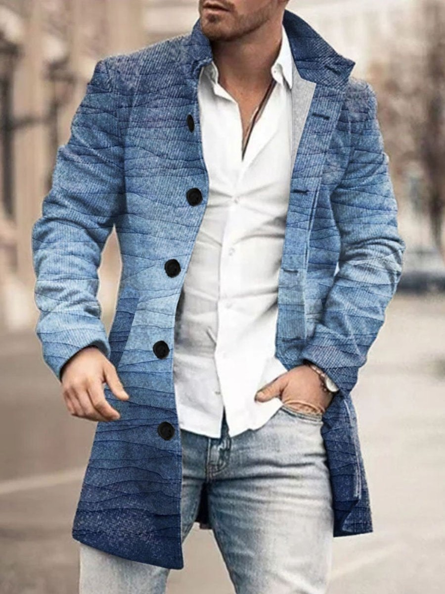 Men DJ Print Jacket | Retro Gradient Print Stand Collar Double Pocket Woolen Coat Blue