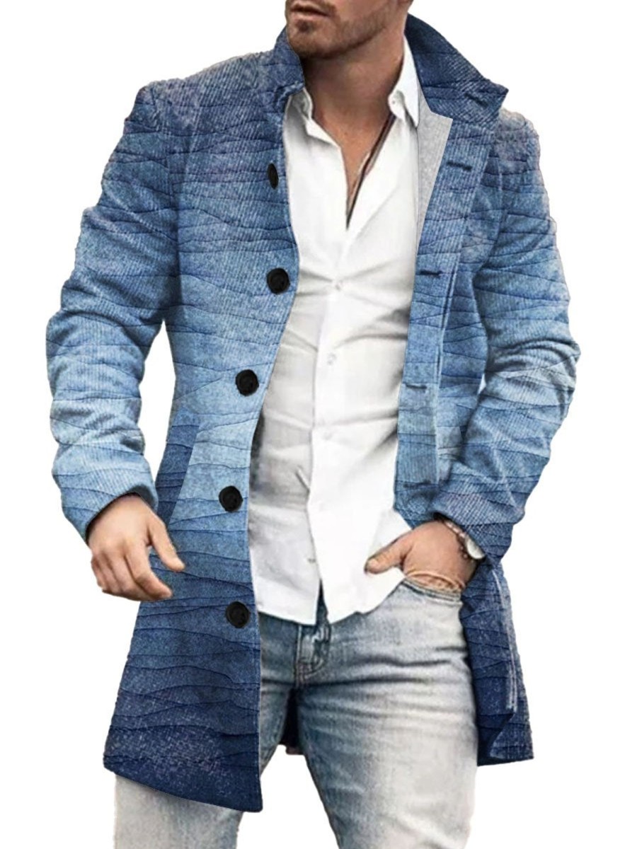 Men DJ Print Jacket | Retro Gradient Print Stand Collar Double Pocket Woolen Coat Blue