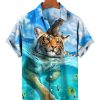 Men findercube Shirts | Swimming Tiger Hawaiian Short Sleeve Shirt Lake Blue