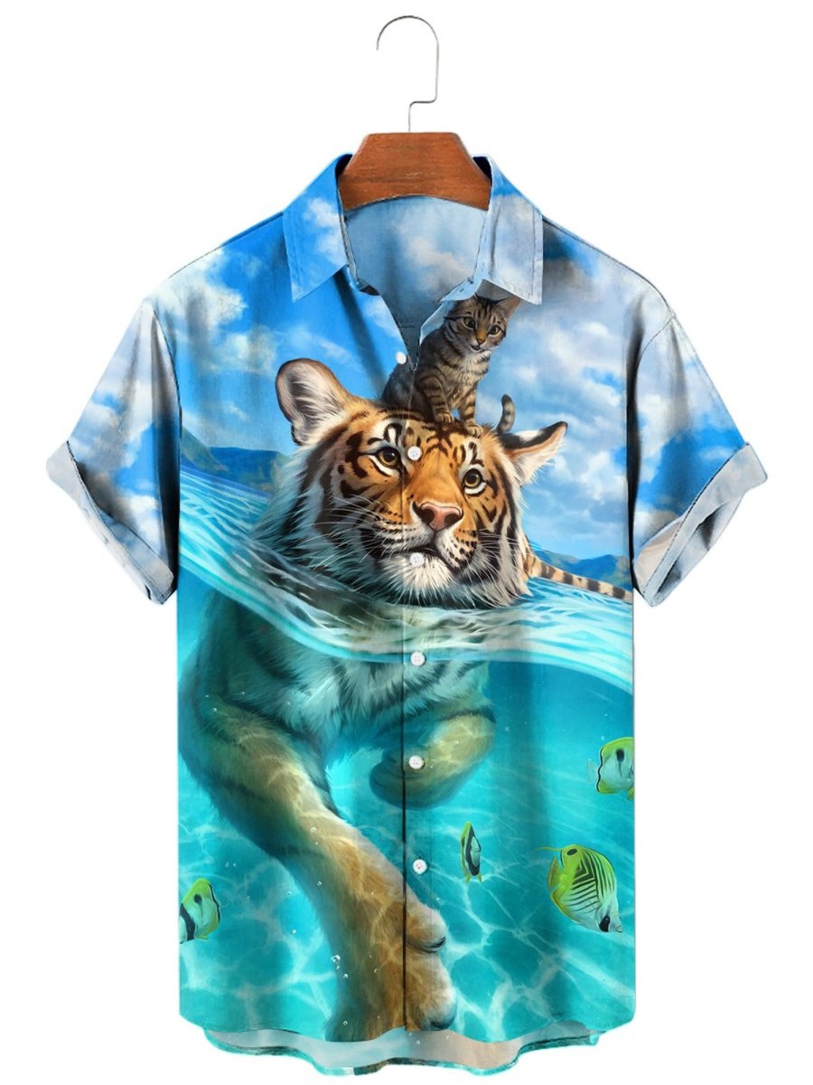 Men findercube Shirts | Swimming Tiger Hawaiian Short Sleeve Shirt Lake Blue