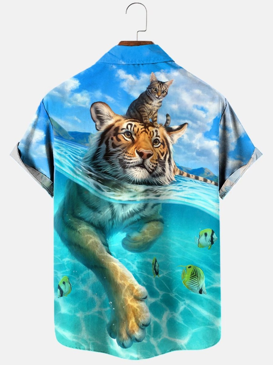 Men findercube Shirts | Swimming Tiger Hawaiian Short Sleeve Shirt Lake Blue