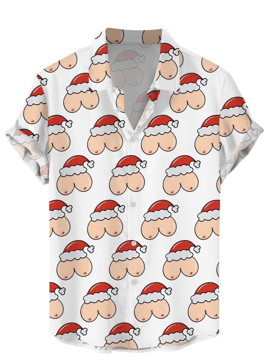 Men DJ Shirts | Merry Christmas Boobs Printed Casual Short Sleeve Shirt White