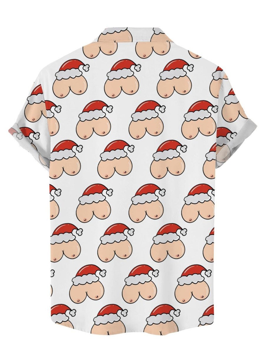 Men DJ Shirts | Merry Christmas Boobs Printed Casual Short Sleeve Shirt White