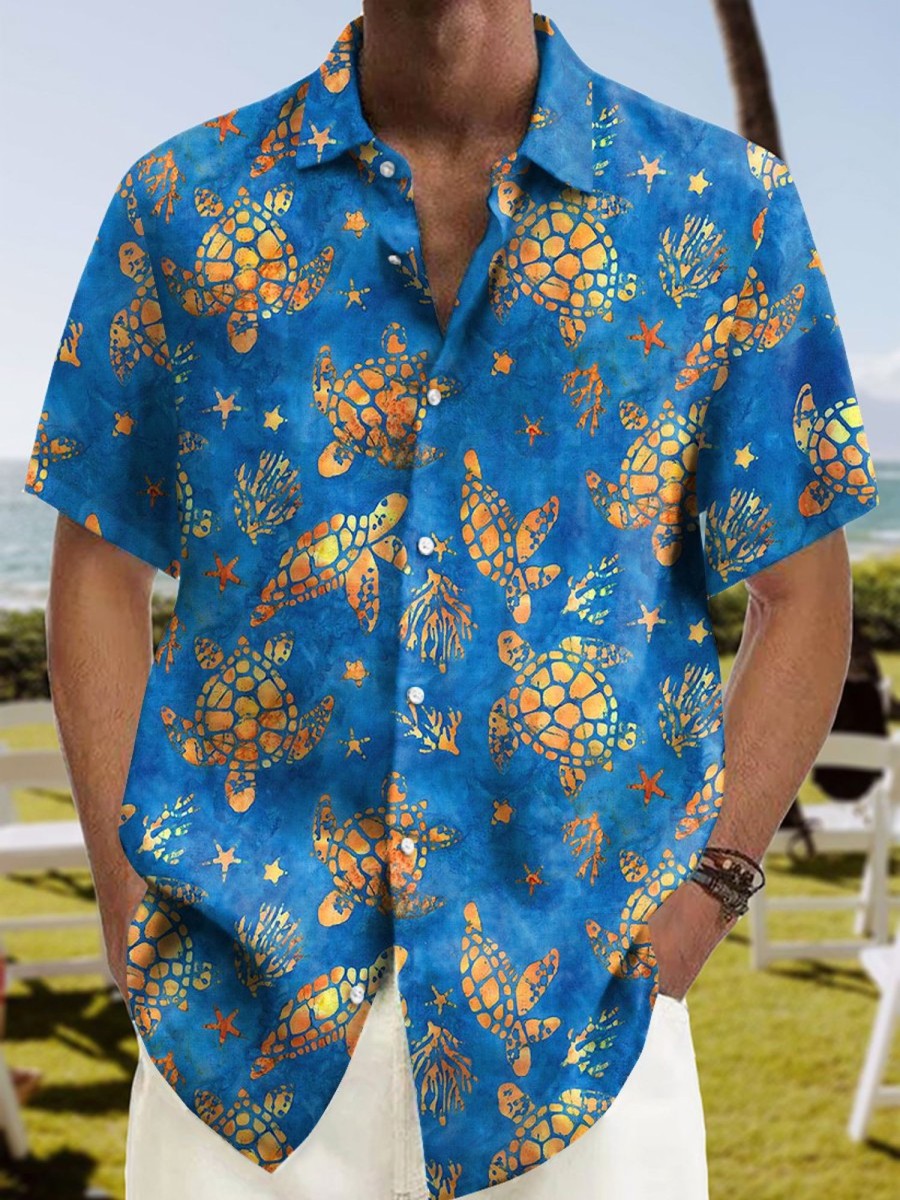 Men HLJ Shirts | Turtle And Starfish Casual Short Sleeve Shirt Blue